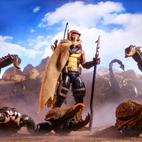 Hasbro G.I. Joe Cobra Desert Scorpion figure with fabric cape and mechanical scorpion in desert setting.