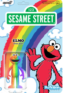Elmo Sesame Street action figure with rainbow gradient colors on retro-style card featuring clouds and rainbow design