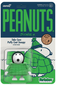Snoopy – Peanuts ReAction Take Care Puffy Coat U‑Pick Action Figure by Super7 in original packaging with green puffy coat design