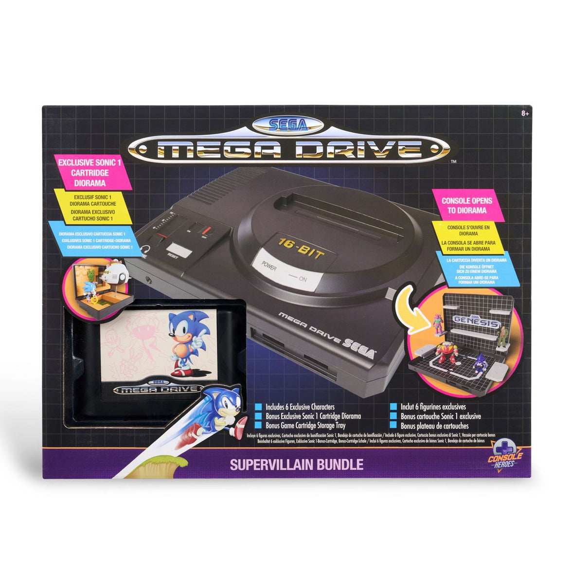 Console Heroes Sega Mega Drive Supervillain Boss Bundle Playset with Sonic the Hedgehog Cartridge new in box by Go Figment