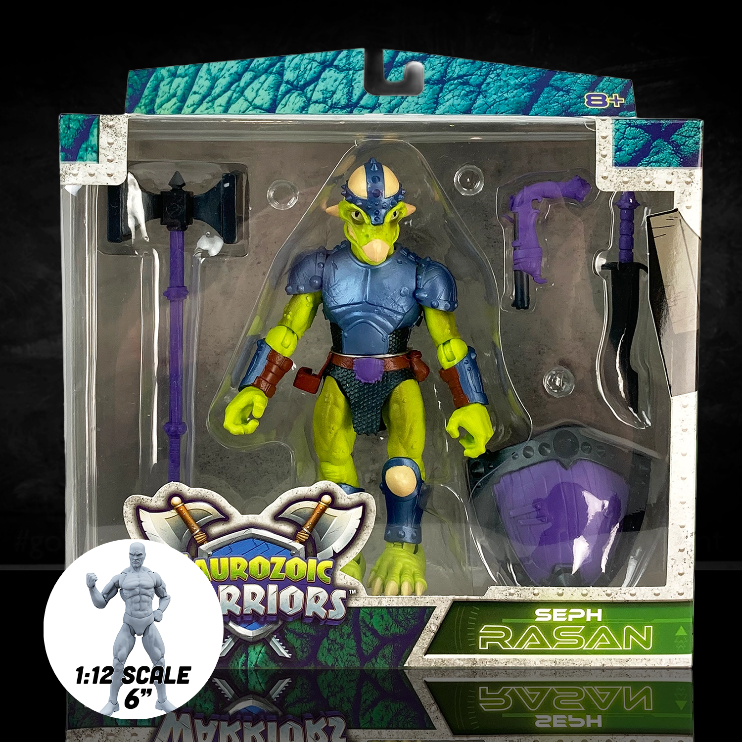 Articulated dinosaur warrior toy Seph Rasan in a charging pose with flintlock blaster and sword. Vibrant lime-green dinosaur soldier from the Saurozoic Warriors series.