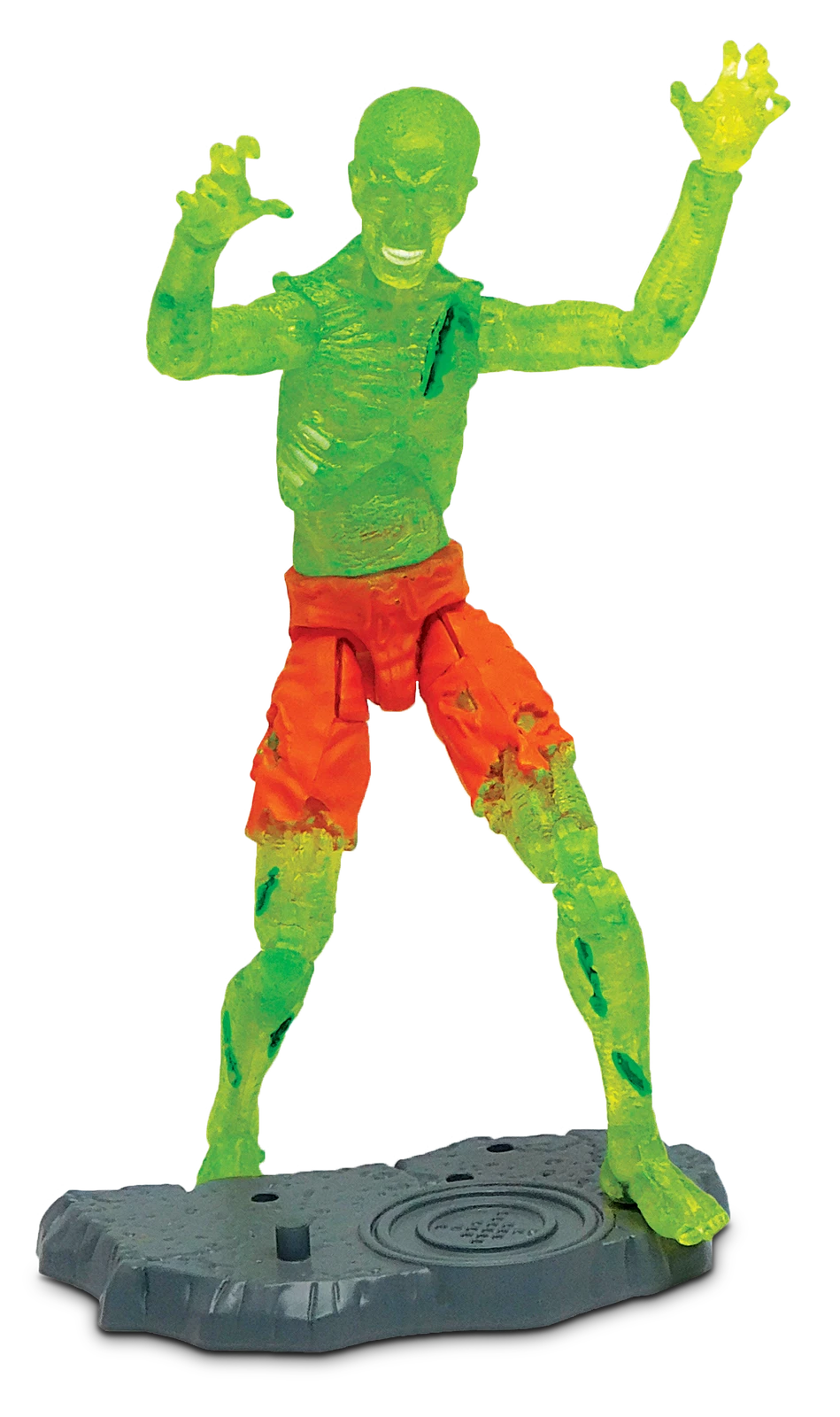 Toy figure of a green zombie with orange shorts on a white background