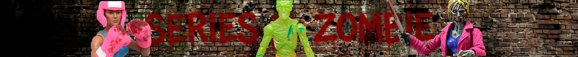 Three colorful zombie figures posed against a weathered brick wall with red stylized text between them