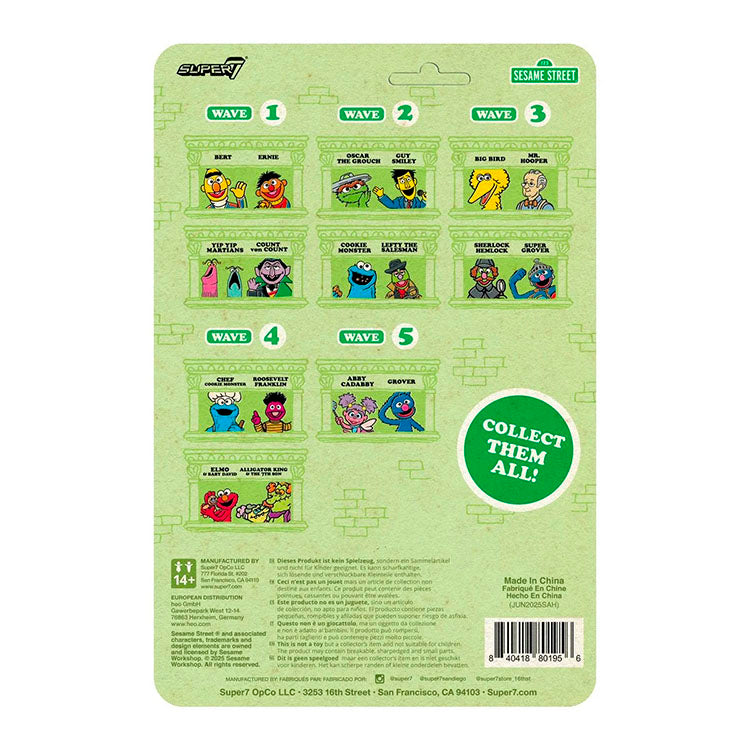 Super7 Sesame Street ReAction Figures series cardback showing characters from waves 1 to 5 with collect them all message
