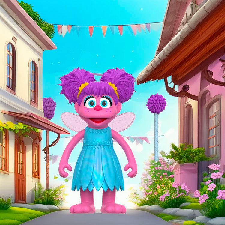 Abby Cadabby ReAction Figure by Super7 with purple hair and blue dress in a colorful street setting