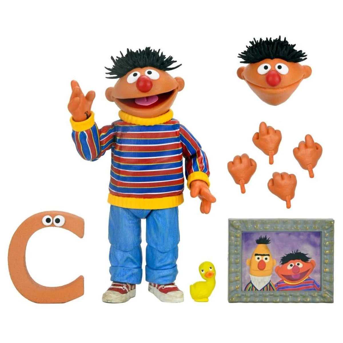 Ernie - Sesame Street Ultimate NECA 7-Inch Scale Action Figure new in box with extra heads, hands, duck, and picture frame accessory