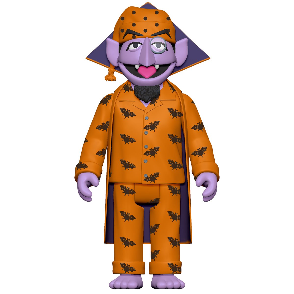 Character Count: 123

Purple vampire figure wearing orange pajamas printed with black bats and a matching nightcap against a plain white background