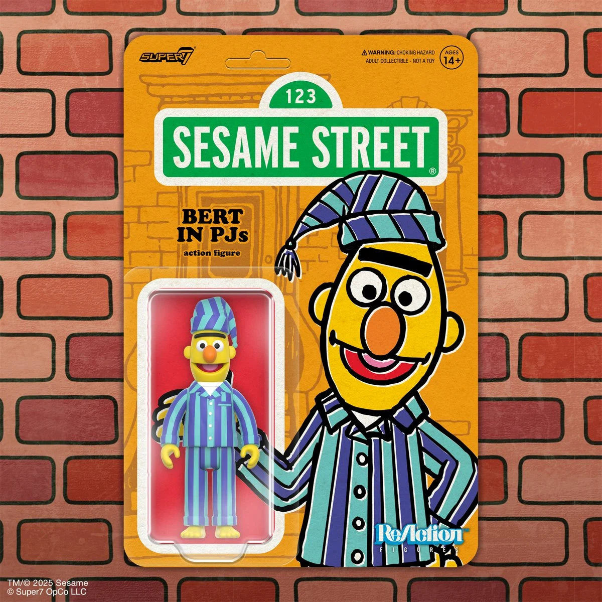 Bert action figure wearing blue and purple striped pajamas with matching nightcap in colorful Sesame Street card backing