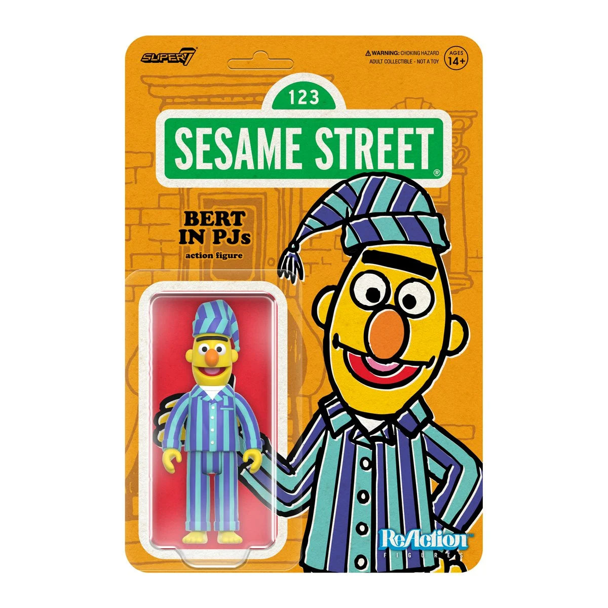 Sesame Street character Bert in striped blue pajamas with matching nightcap in orange carded packaging