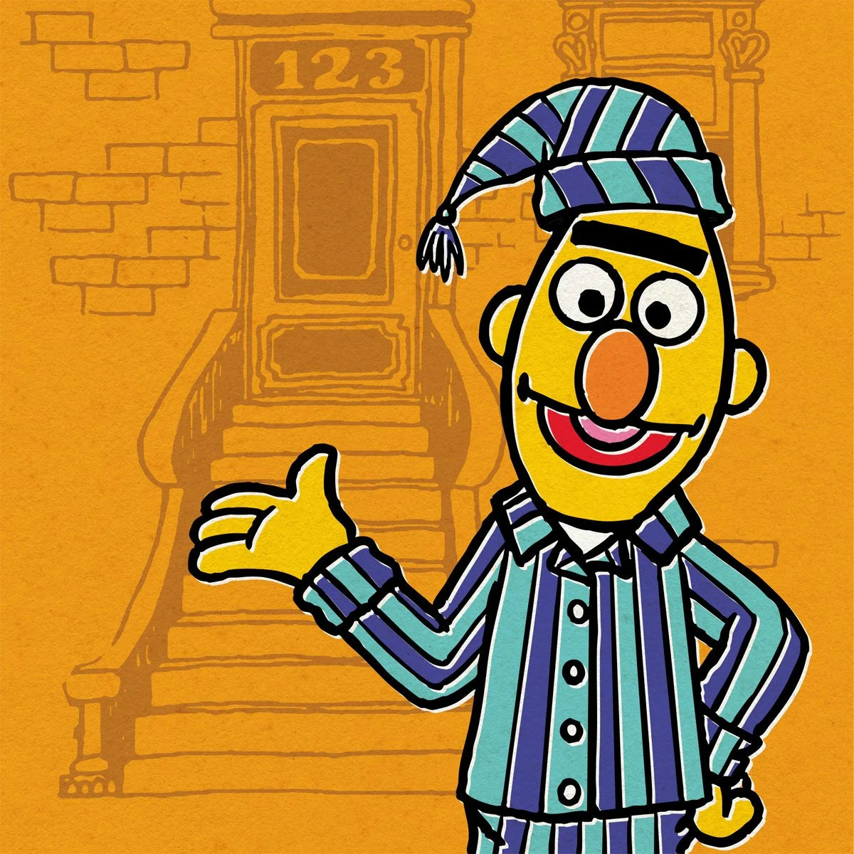 Sesame Street character Bert in blue striped pajamas with matching nightcap in front of stylized brownstone steps and door numbered 123