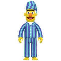 Collectible figure of Bert from Sesame Street wearing blue and purple striped pajamas with matching nightcap on white background