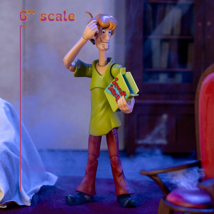 Six-inch Jada Toys Shaggy Rogers action figure holding Scooby Snack box in a spooky room setting.