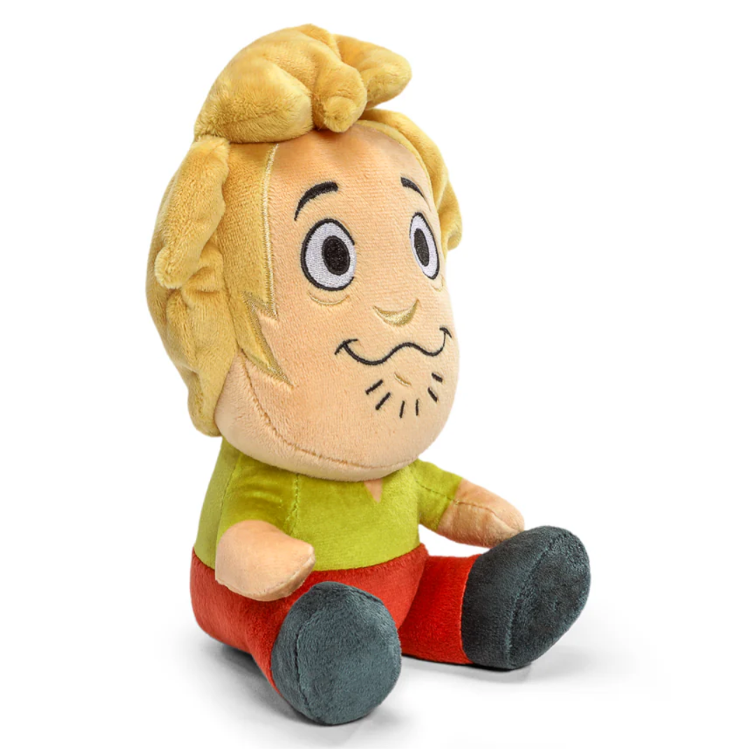 Scooby-Doo Shaggy 8-Inch Phunny Plush Figure - Perfect Companion for Mystery Solvers by Kidrobot sitting with green shirt and orange pants