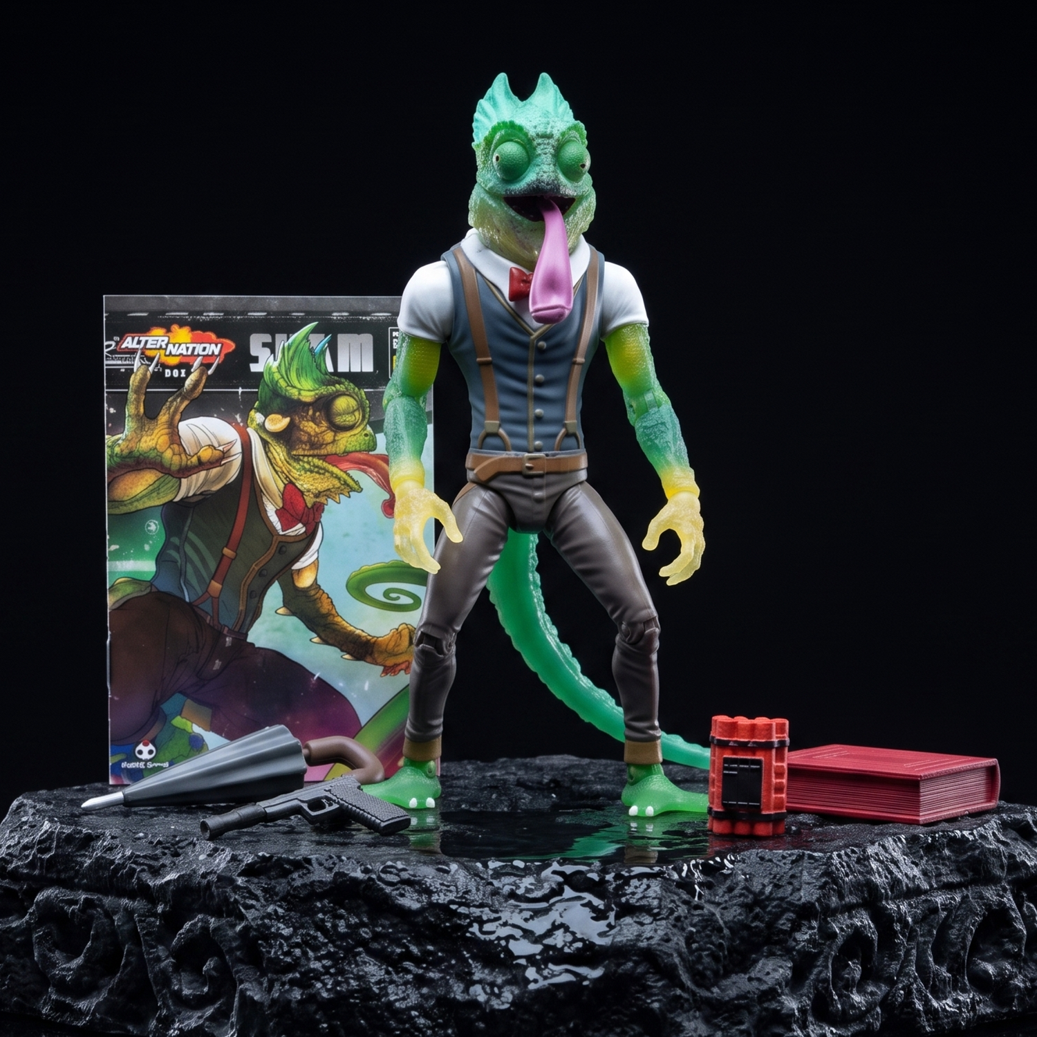 Sham 1:12 Scale 5" Human Chameleon Hybrid Action Figure by Altered Nation with suit, long tongue, umbrella, book, and weapon accessories