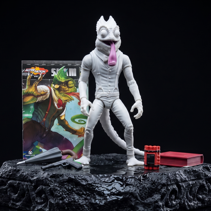 Sham WHITE 1:12 Scale 5" Human Chameleon Hybrid Action Figure by Altered Nation with weapons, book, and character card display