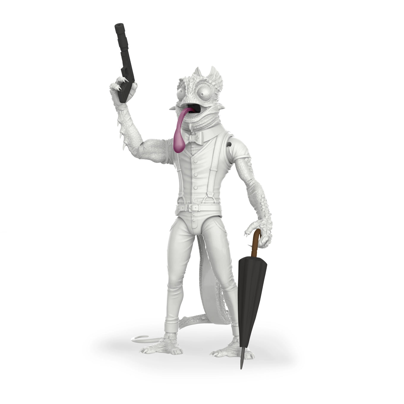 Sham WHITE 1:12 Scale 5" Human Chameleon Hybrid Action Figure by Altered Nation holding umbrella and pistol accessories