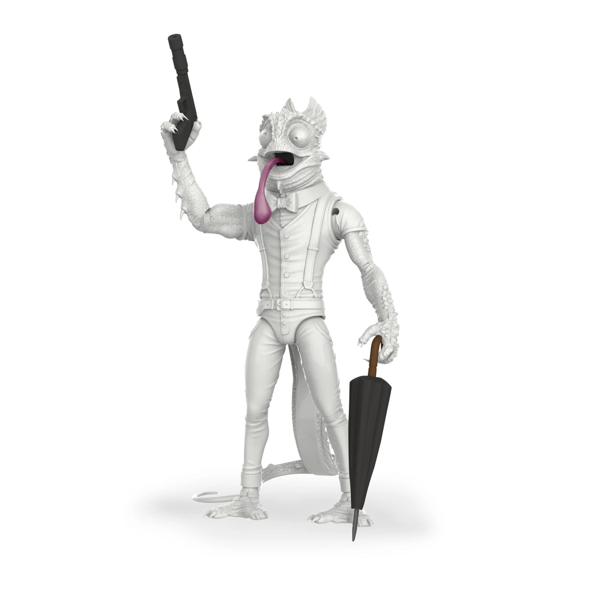 Sham WHITE 1:12 Scale 5" Human Chameleon Hybrid Action Figure by Altered Nation holding umbrella and pistol accessories