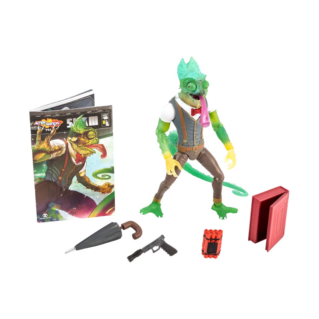 Sham 1:12 Scale 5" Human Chameleon Hybrid Action Figure by Altered Nation with weapons, umbrella, dynamite, and character booklet accessories