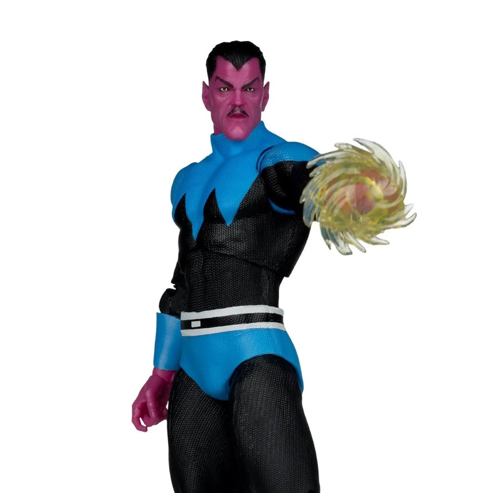 A comic book action figure of a character with pink skin, wearing a black and blue costume, with a translucent yellow energy blast effect coming from his mouth, set against a plain white background.