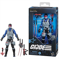 Hasbro G.I. Joe Classified Series Snake Eyes 6-inch action figure with weapons and armor accessories in packaging.