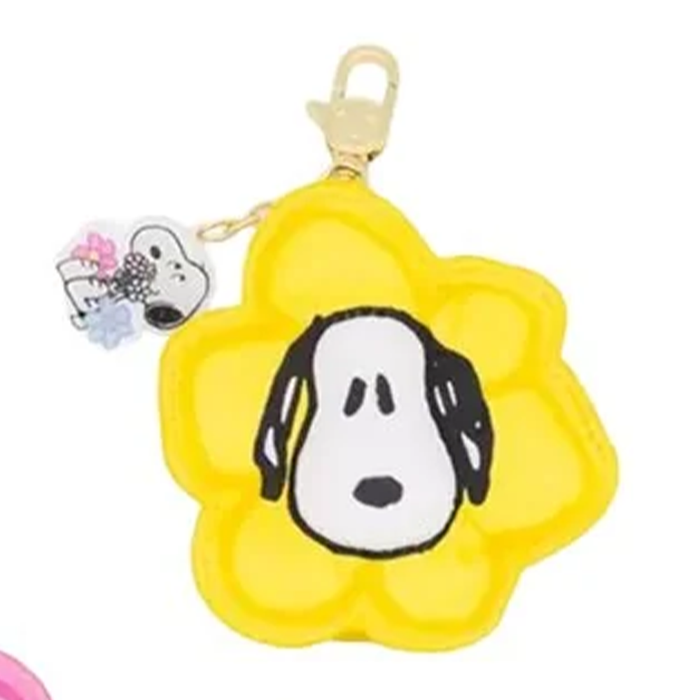 Peanuts Sherbet Spring Flowers Coin Pouch Bag Charm Blind Box U-Pick featuring Snoopy on yellow flower, Whatever Makes You Happy