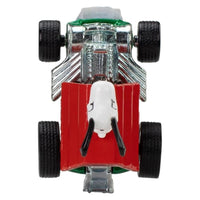 Top view of Mattel Peanuts Hot Wheels Snoopy 1:64 scale die-cast model with red car body and black tires