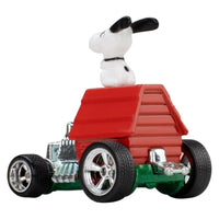 Mattel Peanuts Hot Wheels 1:64 scale die-cast model featuring Snoopy on red doghouse car with chrome wheels