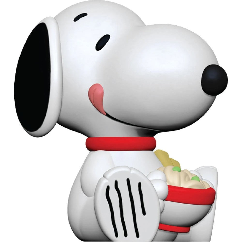Go Figment Peanuts Rokimoto Wave 2 vinyl figure of Snoopy holding a red bowl of popcorn with a happy expression