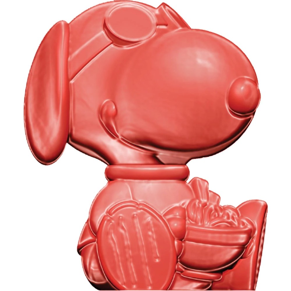 Red monochrome Peanuts Snoopy vinyl figure holding bowl of noodles by Go Figment in Slurprise Edition style