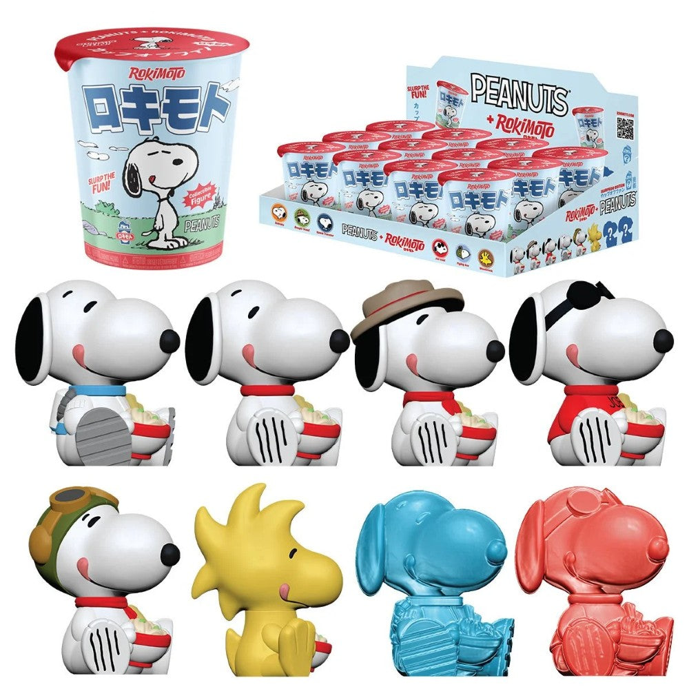 Peanuts Rokimoto Wave 2 Cup vinyl figures Slurprise Edition with Snoopy and friends by Go Figment displayed with box set
