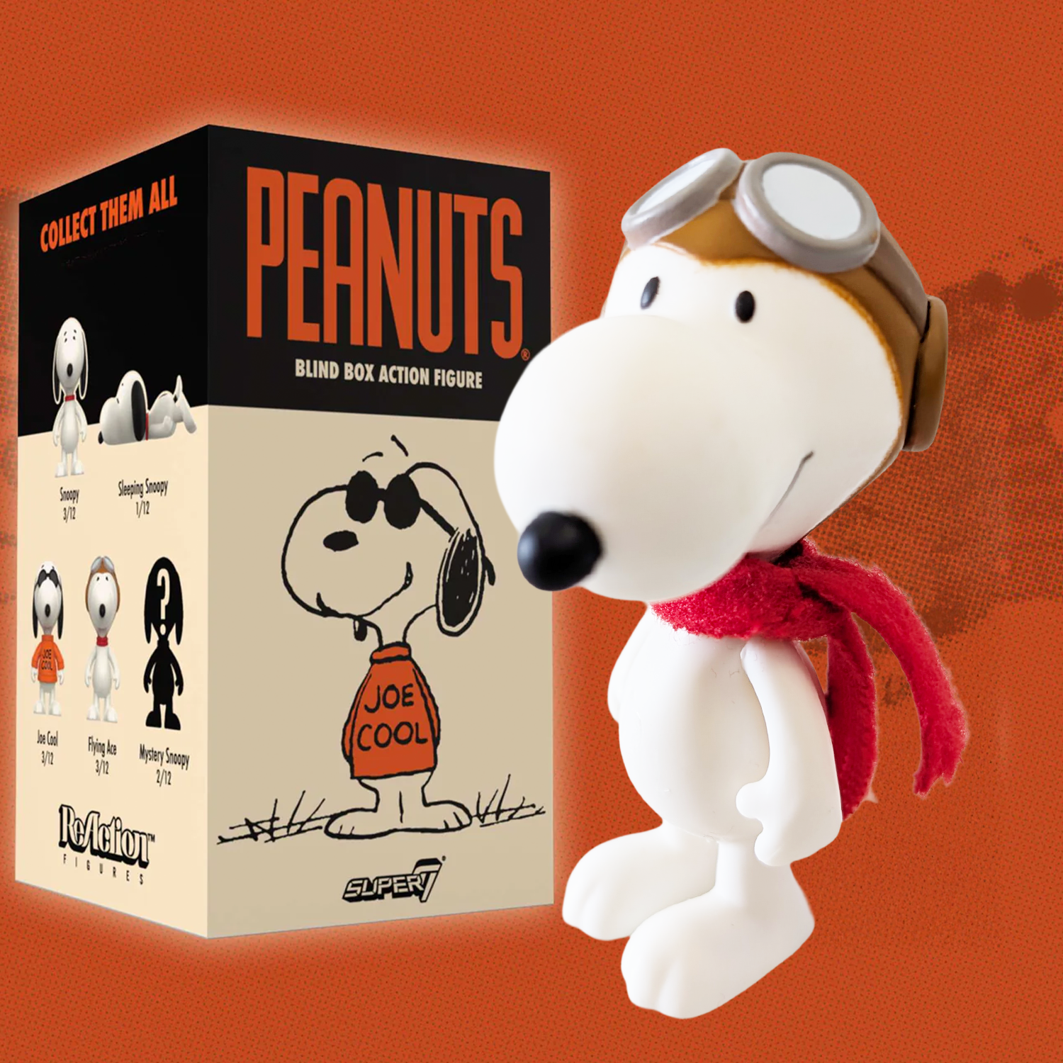 Super7 Peanuts ReAction 3.75-inch figure of Snoopy as Joe Cool wearing goggles and red scarf with packaging box on orange background