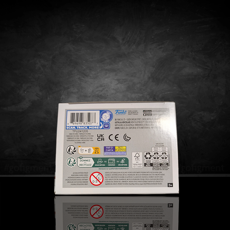 Back of Funko Peanuts Astronaut Snoopy and Woodstock vinyl figure box with barcode and safety labels