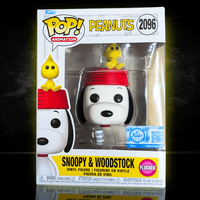Funko Pop! Peanuts Snoopy with red hat and Woodstock perched on top flocked vinyl figure in original box