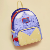 Loungefly mini backpack in plush blue and yellow with red apple charm and Disney Snow White inspired details