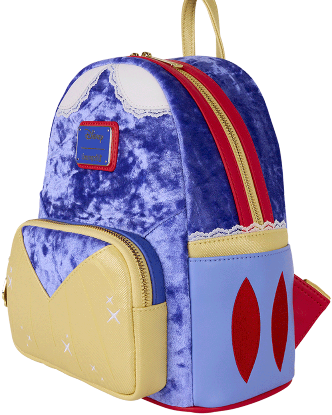 Loungefly mini backpack inspired by Snow White’s dress with velvet blue, yellow pocket, and red accents