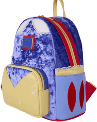 Loungefly mini backpack inspired by Snow White’s dress with velvet blue, yellow pocket, and red accents
