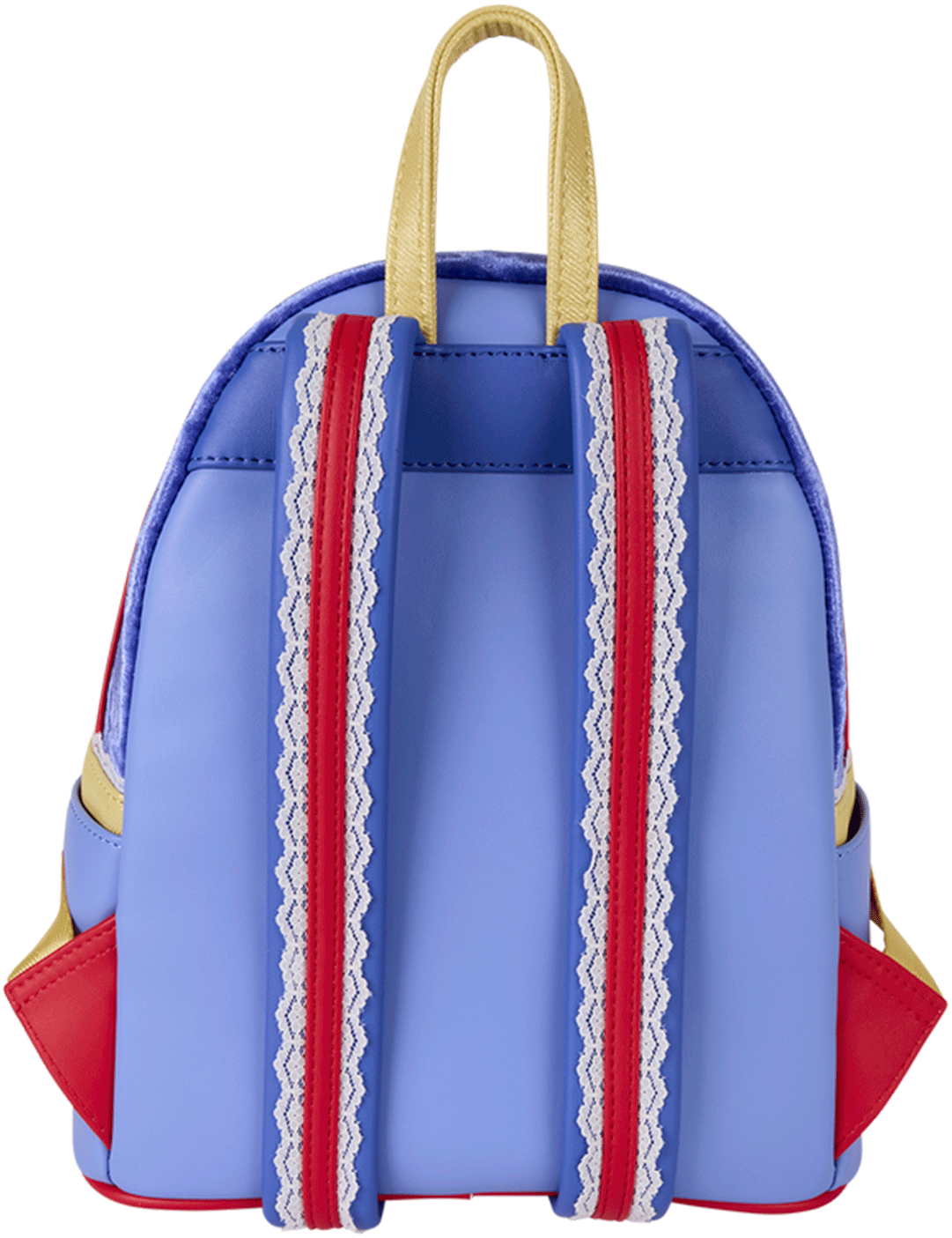 Loungefly mini backpack with blue body, red and white scalloped straps, yellow handle, and red side accents inspired by Snow White gown