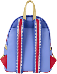 Loungefly mini backpack with blue body, red and white scalloped straps, yellow handle, and red side accents inspired by Snow White gown