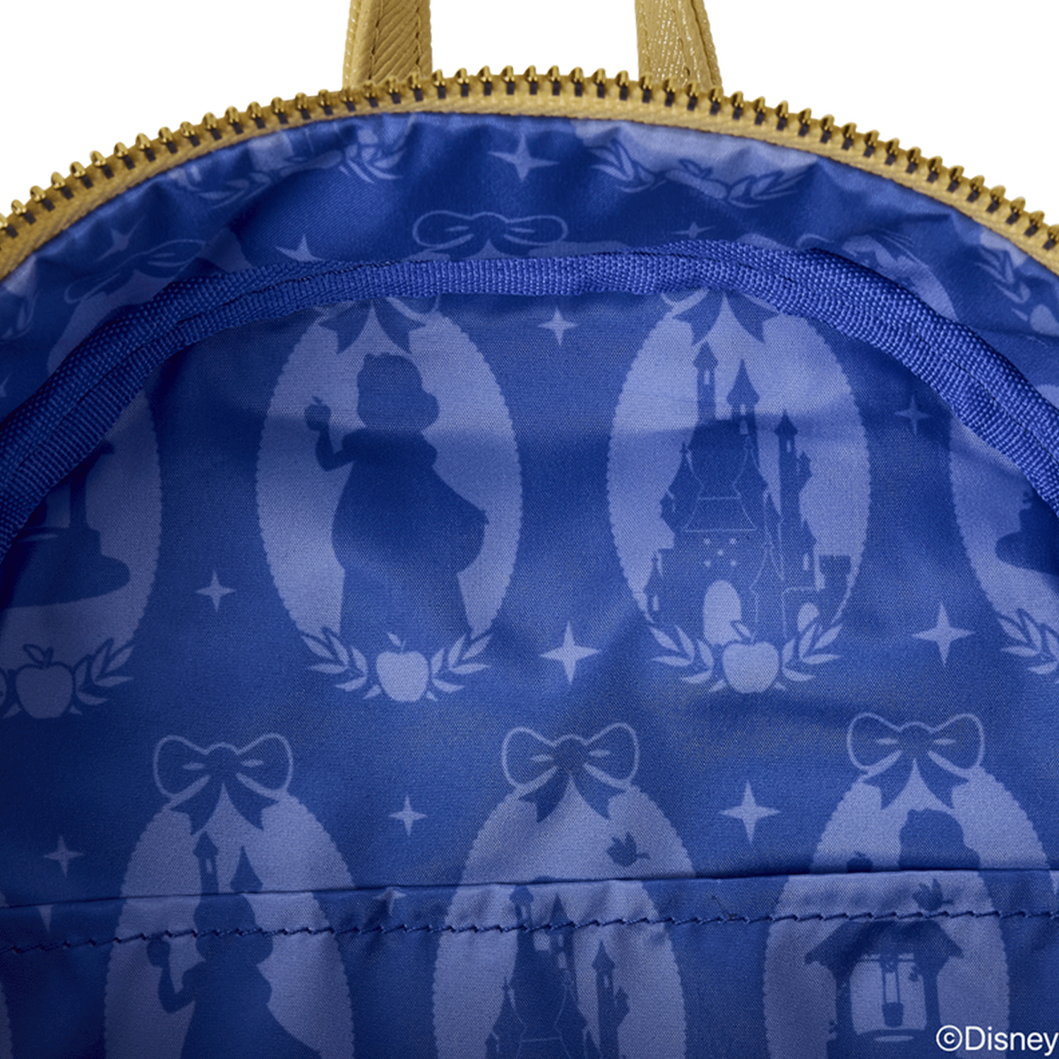 Interior fabric pattern of blue satin featuring Snow White silhouette, castle, and thematic icons by Loungefly