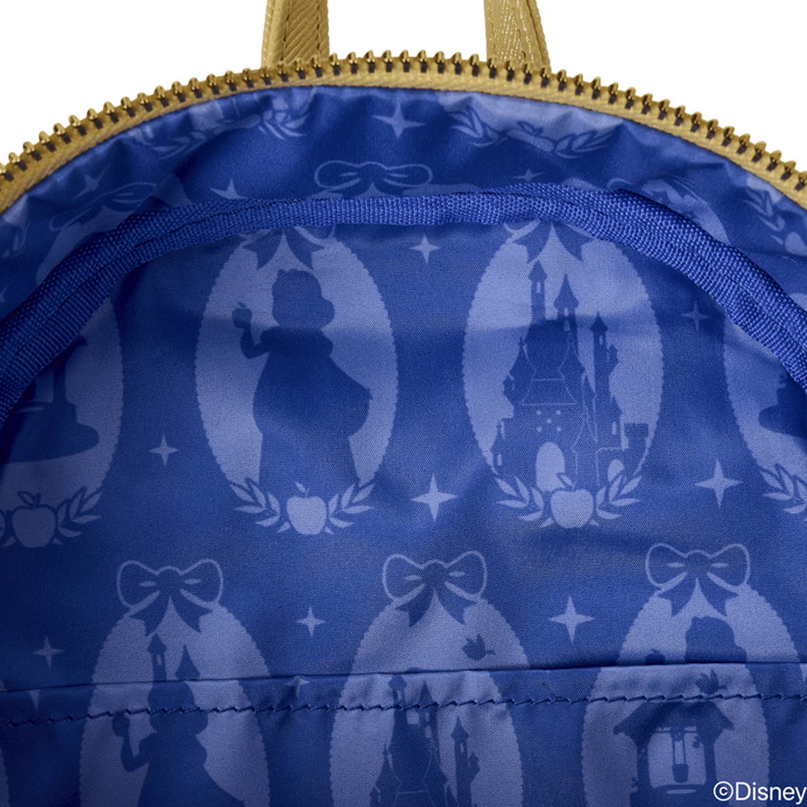 Interior fabric pattern of blue satin featuring Snow White silhouette, castle, and thematic icons by Loungefly