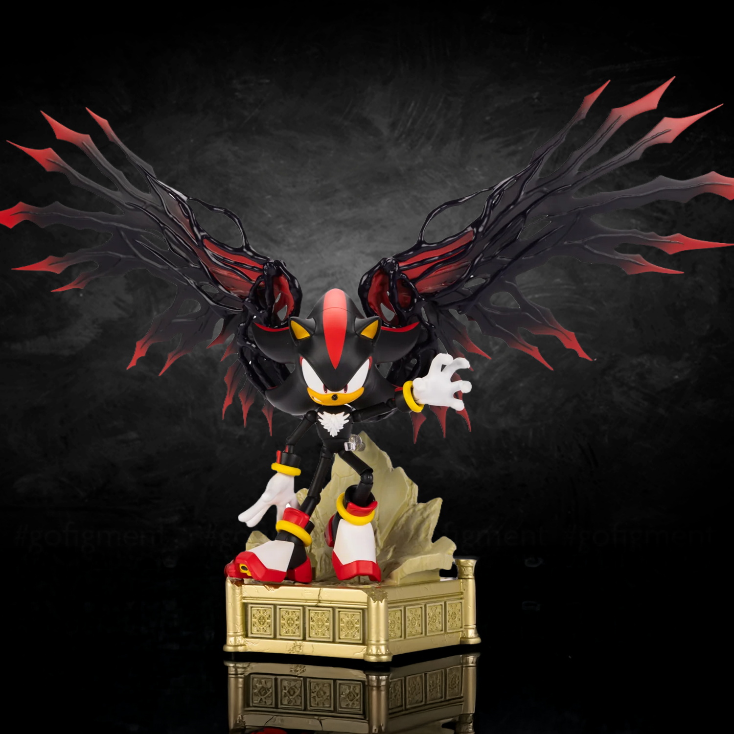 Shadow the Hedgehog Collector's Edition Action Figure – 6in Customizable & Highly Articulated by Jakks Pacific with dark wings on a detailed base
