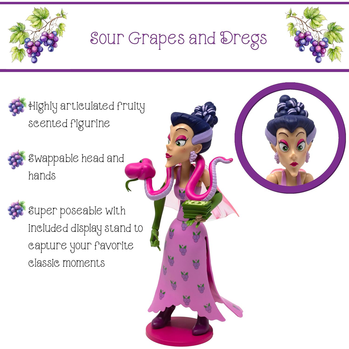 Boss Fight Studio Llc Sour Grapes deluxe Strawberry Shortcake villain figure with swappable head and snake accessory