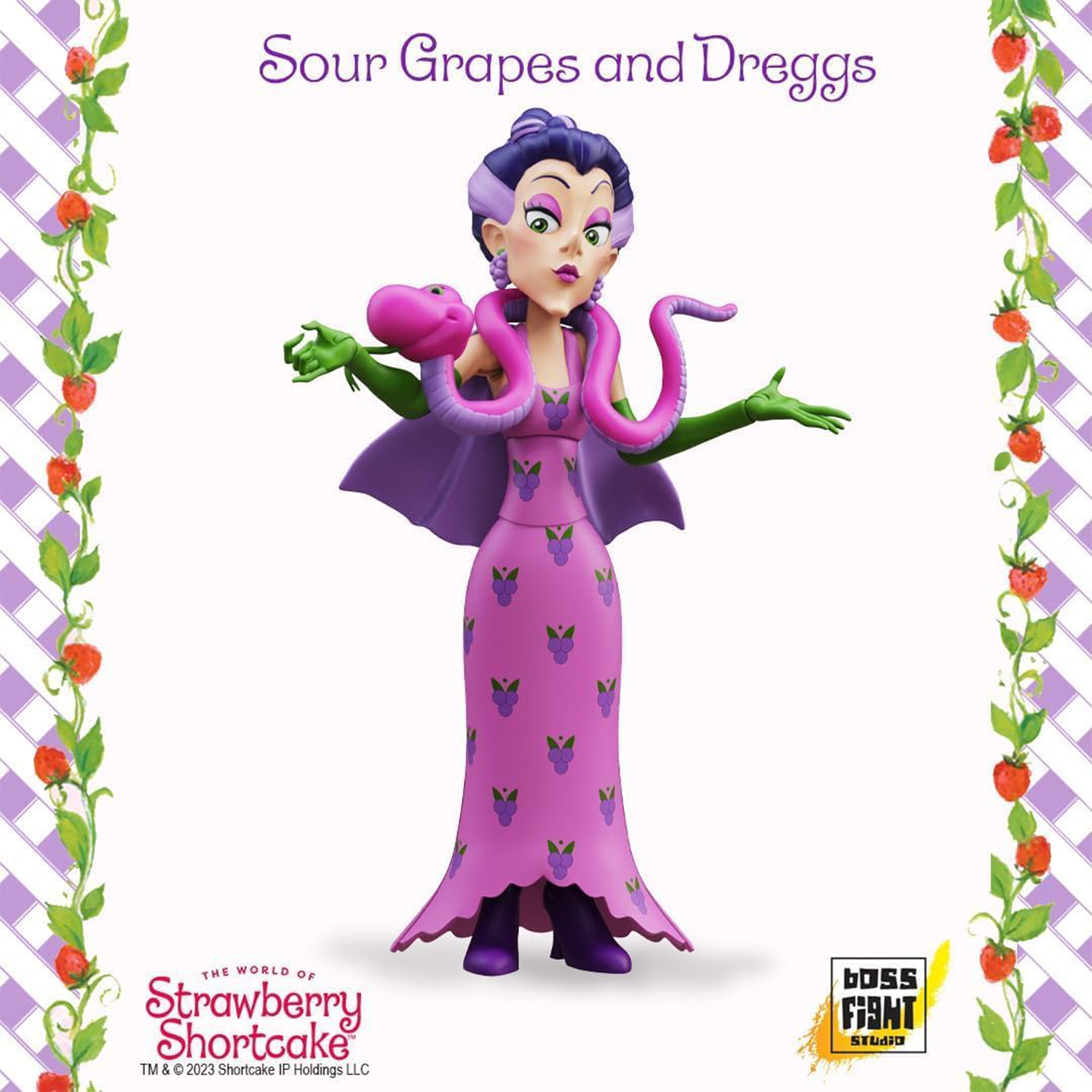 Boss Fight Studio Llc Sour Grapes deluxe villain figure in purple dress with pink snake accessory from Strawberry Shortcake