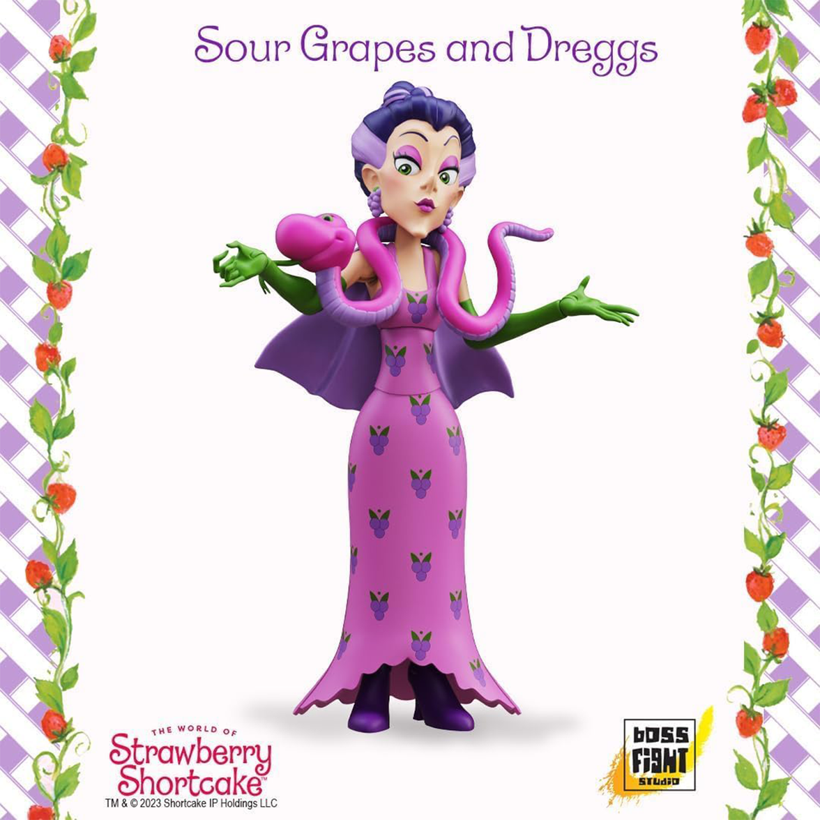 Boss Fight Studio Llc Sour Grapes deluxe villain figure in purple dress with pink snake accessory from Strawberry Shortcake