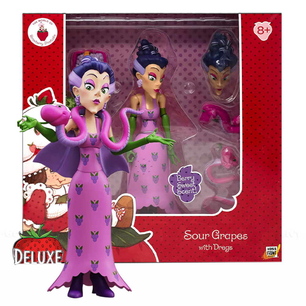Sour Grapes Strawberry Shortcake DELUXE Villain Action Figure 1:12 by Boss Fight Studio Llc in purple dress with detachable arms and face.