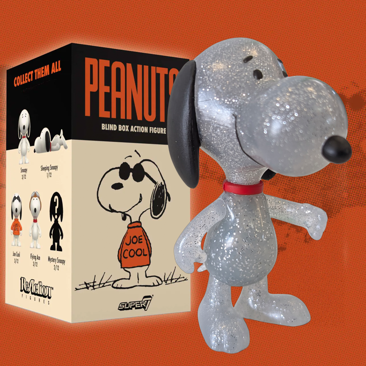 Super7 Peanuts ReAction 3.75-inch blister figure of sparkling silver Snoopy with red collar and packaging box on orange background