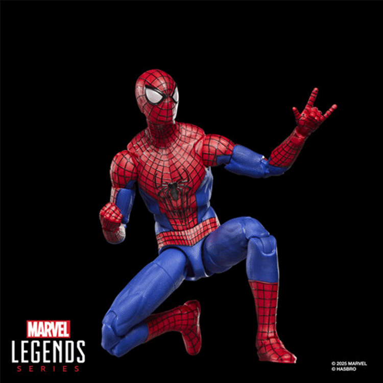 Hasbro Marvel Legends 6-inch Spider-Man figure from No Way Home in crouching pose with hand gesture on black background