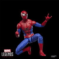Hasbro Marvel Legends 6-inch Spider-Man figure from No Way Home in crouching pose with hand gesture on black background