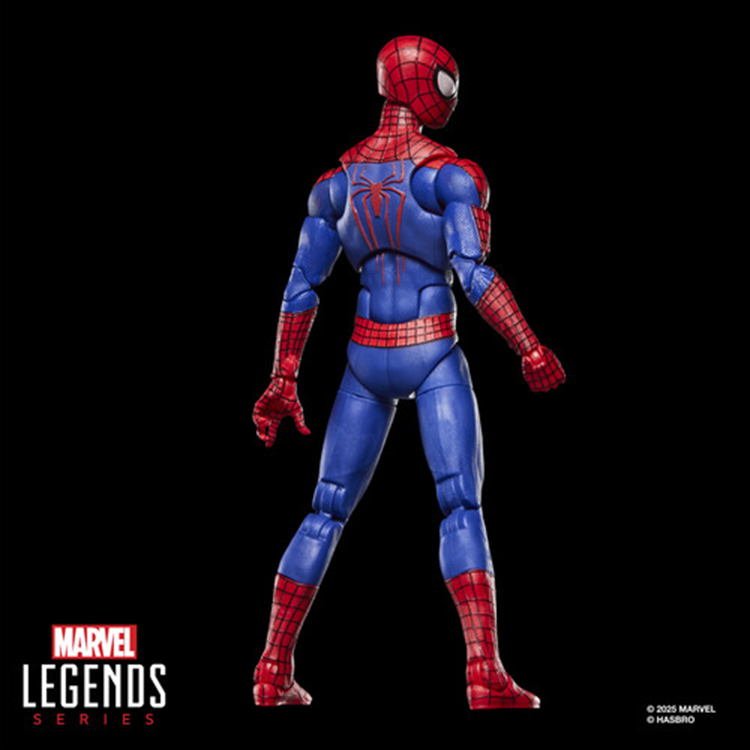 Marvel Legends Series Spider-Man action figure posed from the back showing detailed red and blue suit design.
