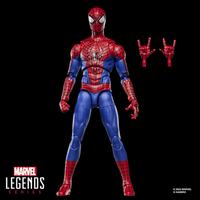 Marvel Legends Series Spider-Man action figure in classic suit with two alternate web-shooting hand accessories against black background.
